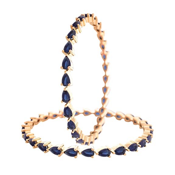 Ratnavali jewels American Diamond Studded Gold Plated Traditional Sapphire Blue Pear Shape CZ/Diamond Bangles for Women/Girls RV2648B
