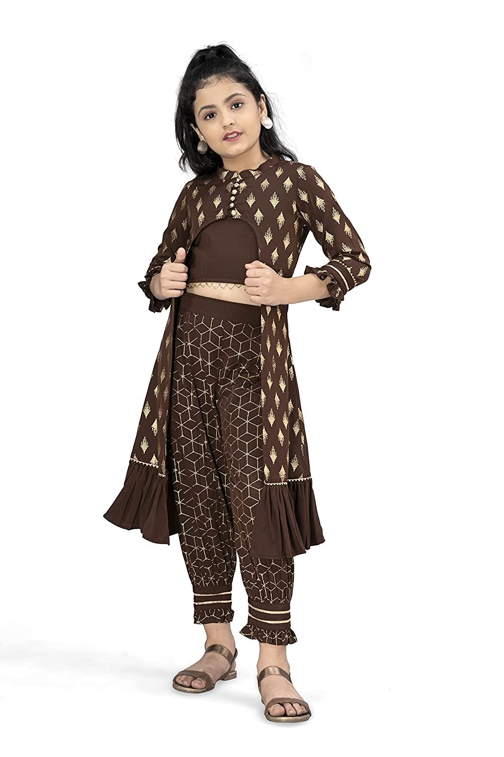 Fashion Dream Girl’s Crepe Long Shrug Top And Pant Set