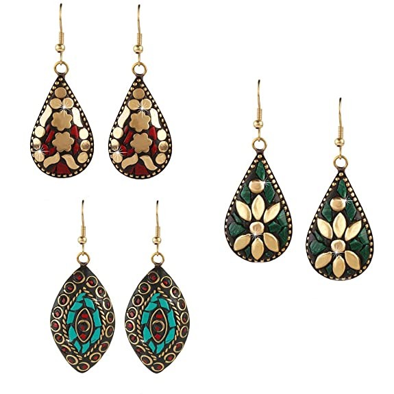 Yellow Chimes Handmade Tibetan Traditional COMBO of 3 Pairs Gold Plated Dangler Earrings for Women and Girls