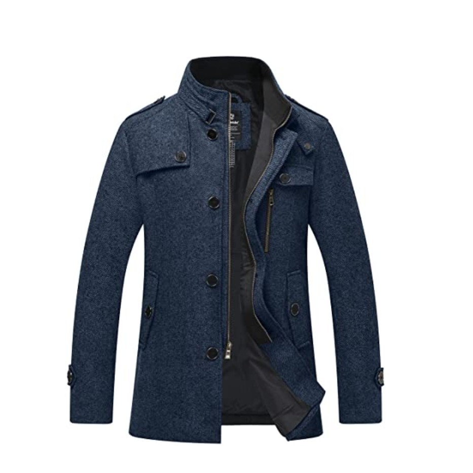 Wantdo Men's Wool Blend Jacket Stand Collar Windproof Pea Coat