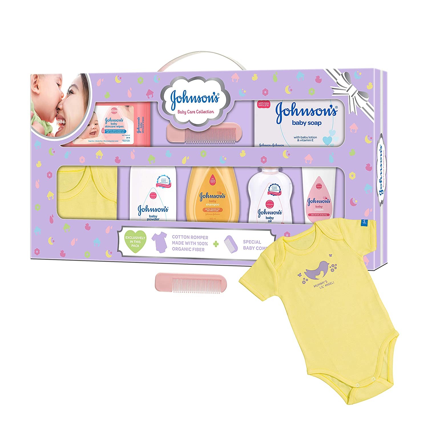 Johnson's Baby Care Collection with Organic Cotton Baby Romper (8 Gift Items, Purple)