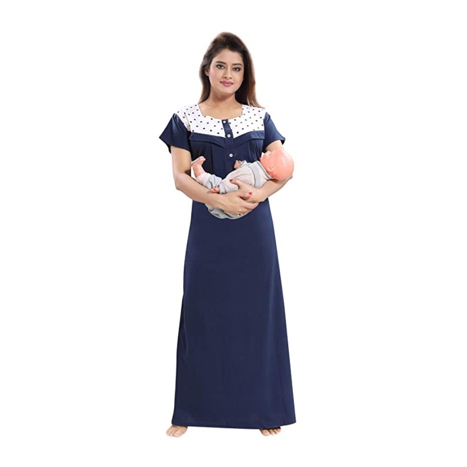 Fabme Women's Hosiery Cotton, Nursing, Feeding, Maternity Nighty - Zip Opening at Bust - Before and After Baby Multipurpose Night Dress