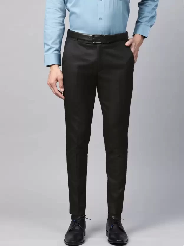 Regular Fit Men Black Polyester Viscose Blend Trousers