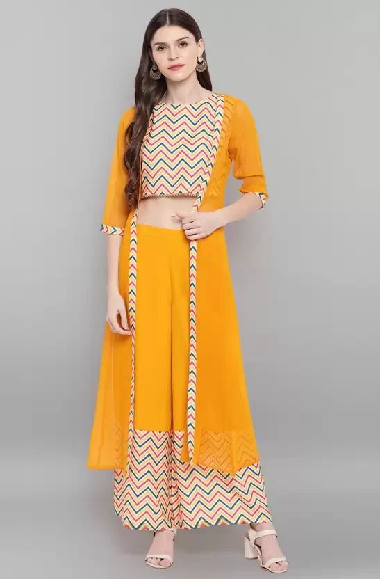 Women Ethnic Jacket, Top and Palazzo Set Poly Crepe
