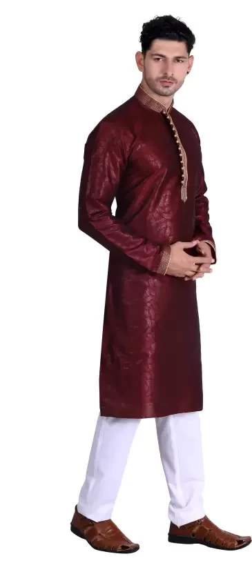 Men Embellished Cotton Silk Straight Kurta  (Maroon)