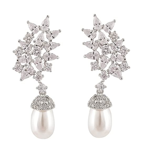 Ratnavali Jewels Fashion Jewellery Silver Plated Red Green American Diamond CZ Pearl Dangle & Drop Earrings Women/Girls
