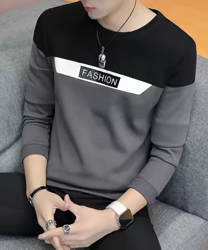 Color Block Men Round Neck Grey T-Shirt