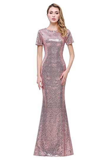 honey qiao Short Sleeves Bridesmaid Dresses Long Sequins High Back Sequence Evening Party Gowns
