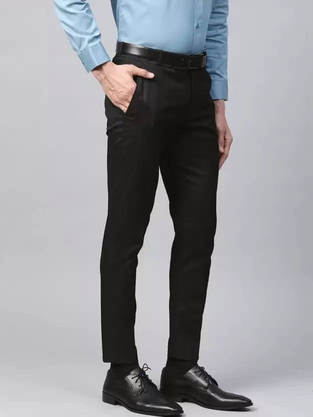 Regular Fit Men Black Polyester Viscose Blend Trousers